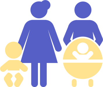 Blaues Icon einer vierköpfigen Familie: Eine Frau hält die Hand eines gelben Kleinkindes, daneben steht ein Mann hinter einem gelben Kinderwagen mit Baby-Silhouette