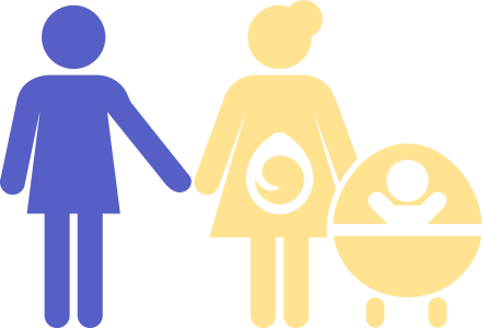 Grafik einer blau dargestellten Person, die einer gelb dargestellten Frau die Hand reicht; die Frau trägt ein Tropfen-Symbol im Bauchbereich und steht neben einem gelben Kinderwagen mit Baby-Silhouette
